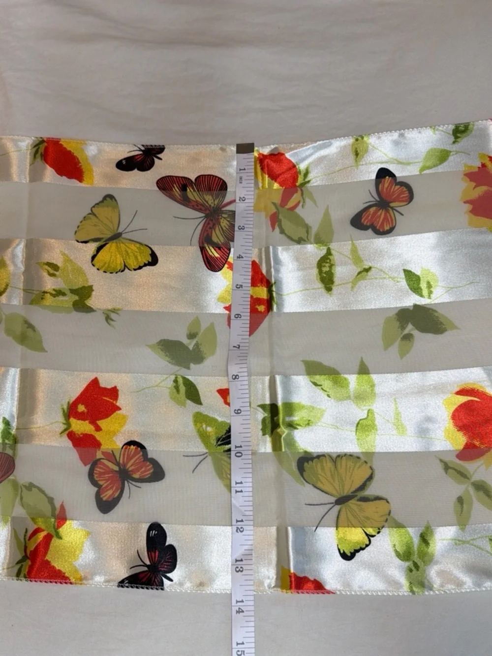 White Floral & Butterfly Satin-Feel Scarf in Red and Yellow